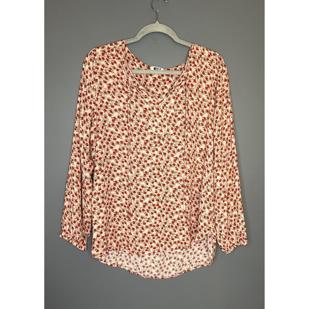 West K Blouse Womens M Pink Red Rose Floral Long Sleeve Lightweight Top Tie Neck